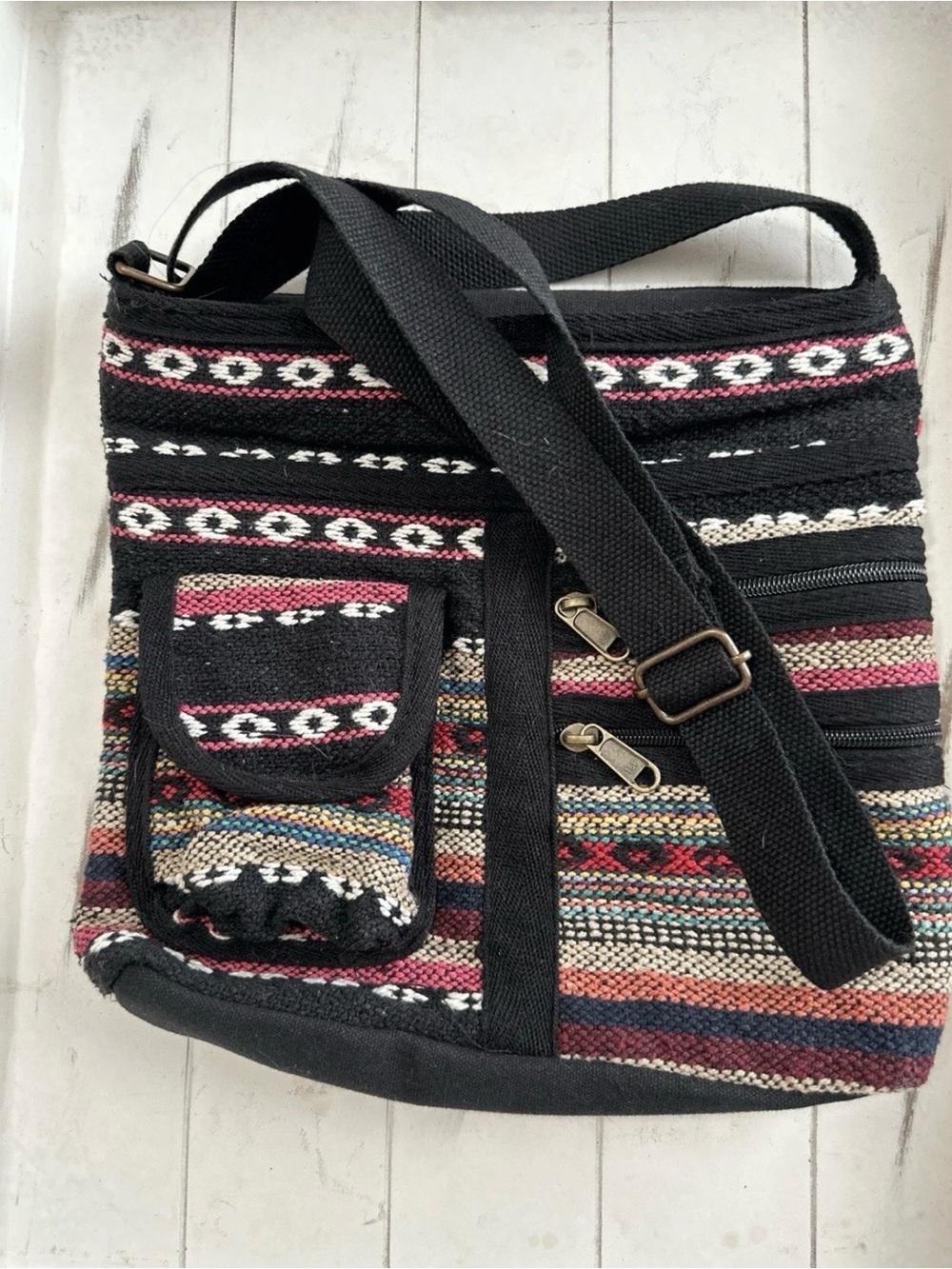 Boho Woven Black Crossbody Bag with Multicolor Stripe Accents